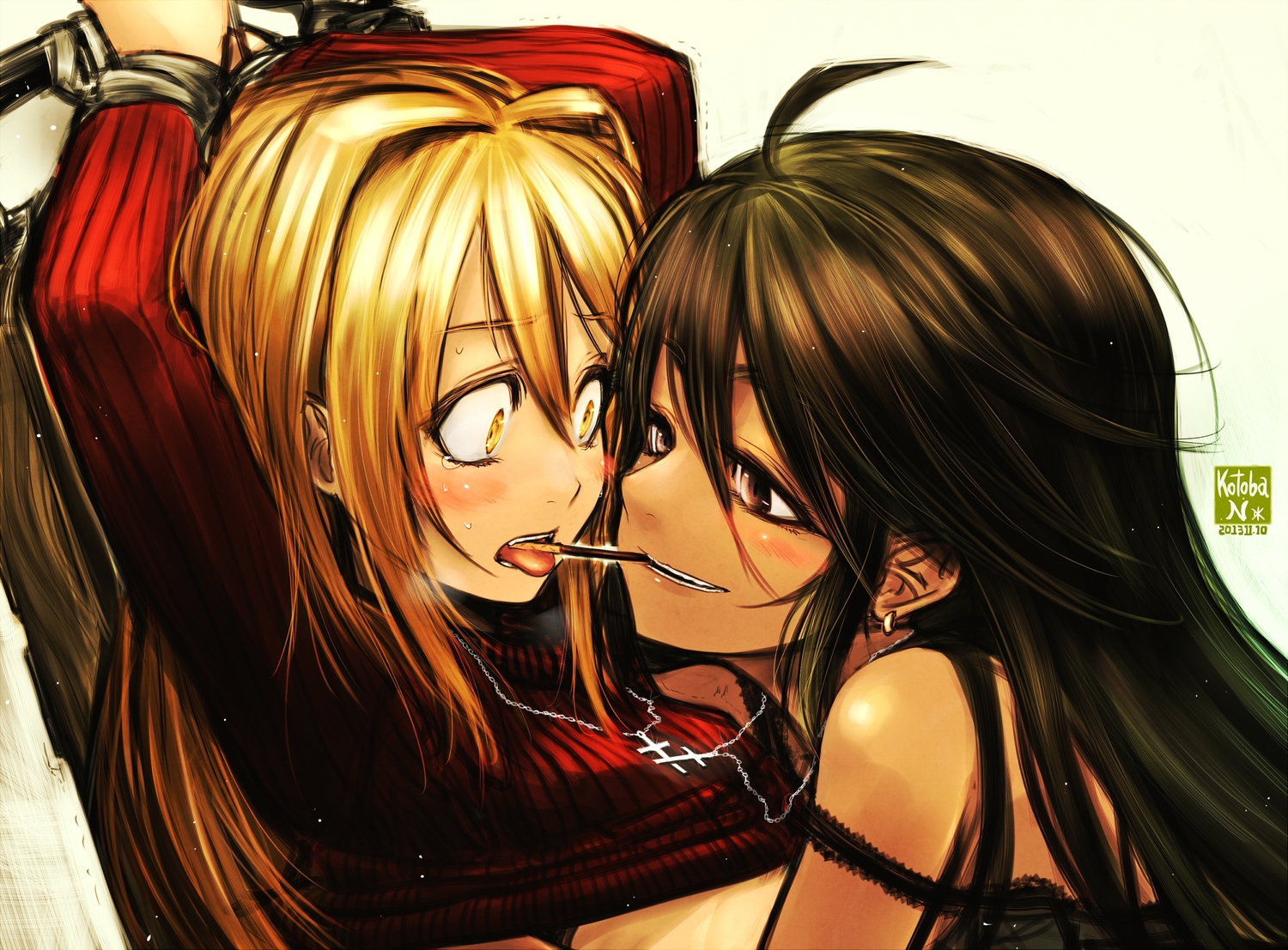 2girls, black_hair, blonde_hair, blush, bondage, food, gray_eyes, kotoba_noriaki, necklace, original, pocky, tears, watermark, yellow_eyes