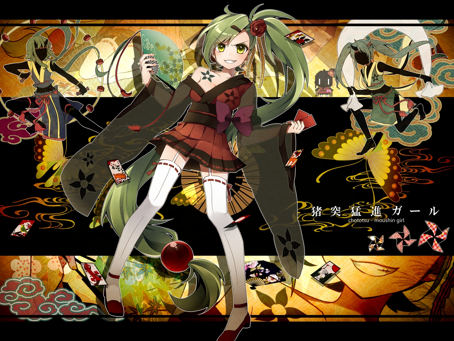 fan, garter_belt, green_hair, gumi, hatsune_miku, ichinose_yukino, japanese_clothes, long_hair, original, ponytail, tattoo, thighhighs, vocaloid, yukata