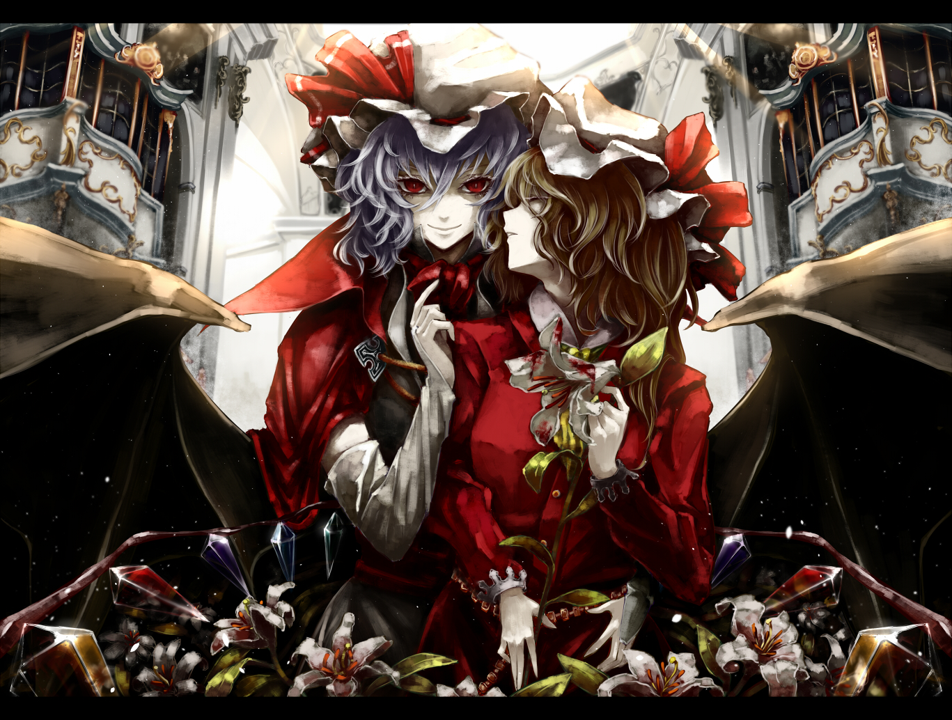 2girls, akihira_fujinohara, flandre_scarlet, flowers, remilia_scarlet, touhou, vampire