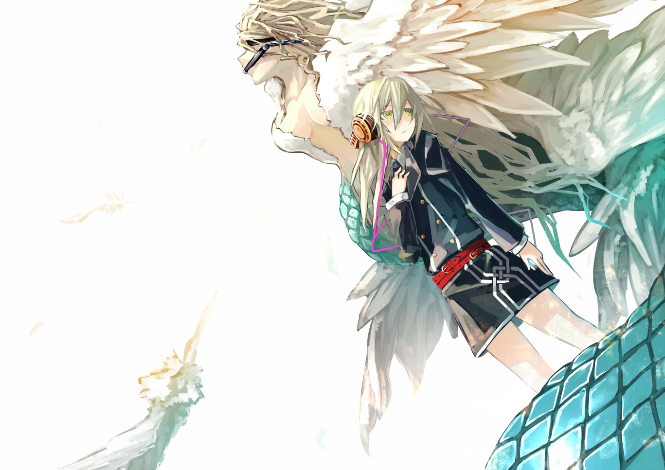 akihira_fujinohara, blonde_hair, bondage, feathers, headphones, original, wings