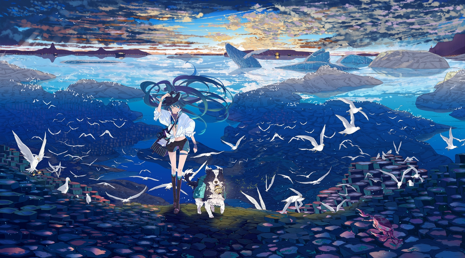 animal, bikini_top, bird, blue_eyes, blue_hair, boat, boots, camera, clouds, crab, dog, hat, hatsune_miku, hpknight, landscape, long_hair, paper, scenic, shorts, sky, vocaloid, water, wink, wristwear