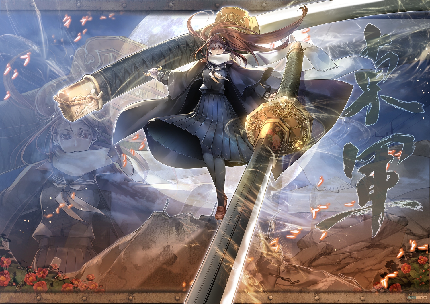 brown_hair, cape, katana, long_hair, original, pantyhose, red_eyes, school_uniform, sword, takayama_dan, watermark, weapon, zoom_layer
