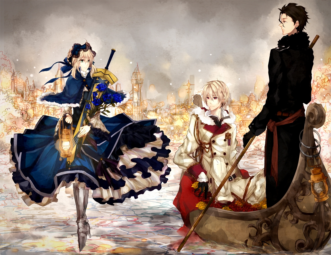 9tsumura, aqua_eyes, artoria_pendragon_(all), blonde_hair, boat, brown_eyes, brown_hair, building, city, diarmuid_ua_duibhne_(fate), fate_(series), fate/stay_night, fate/zero, flowers, gilgamesh, headdress, red_eyes, rose, saber, sword, water, weapon, winter