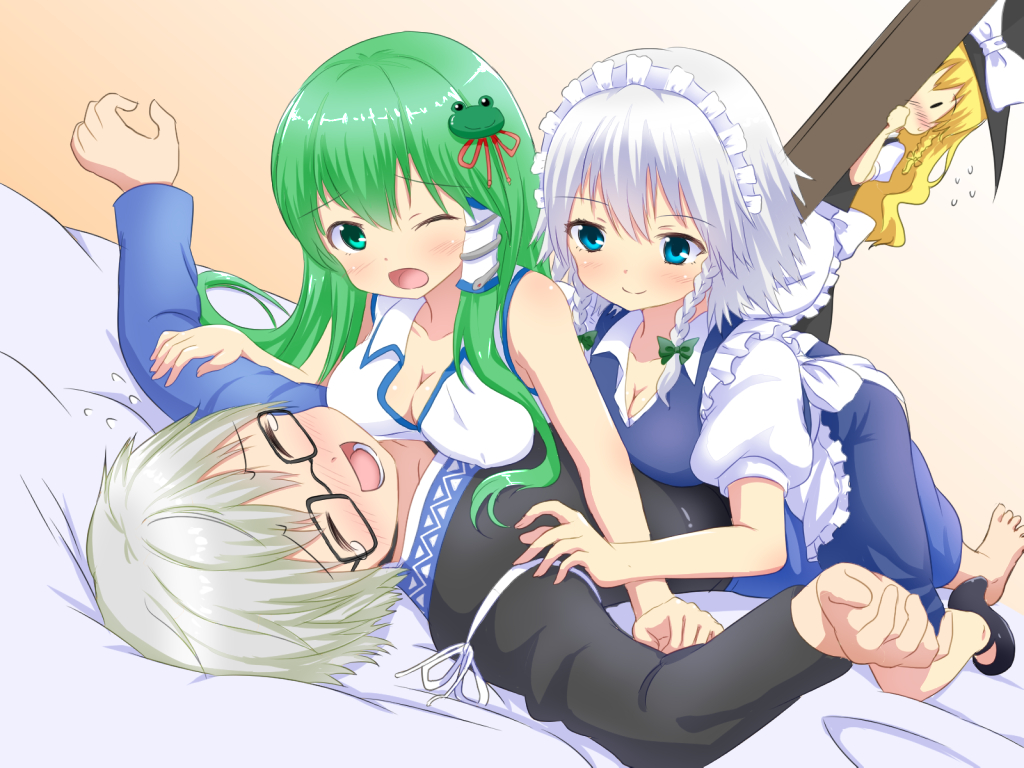 apron, barefoot, blonde_hair, blue_eyes, blush, bow, braids, breasts, cleavage, glasses, gray_hair, green_hair, group, hakuto_(28syuku), hat, izayoi_sakuya, kirisame_marisa, kochiya_sanae, long_hair, maid, male, morichika_rinnosuke, short_hair, tears, touhou, witch, witch_hat
