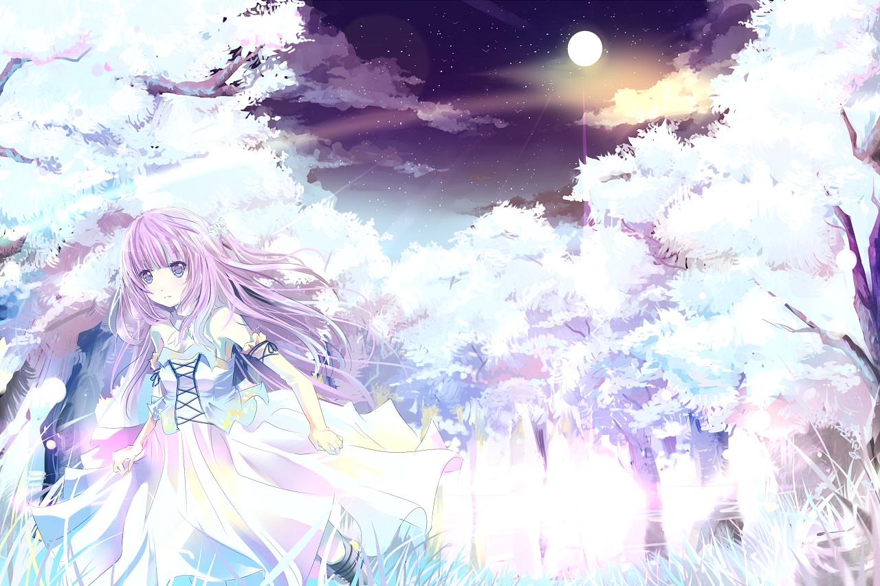 clouds, dress, elbow_gloves, gloves, grass, long_hair, lulu_season, moon