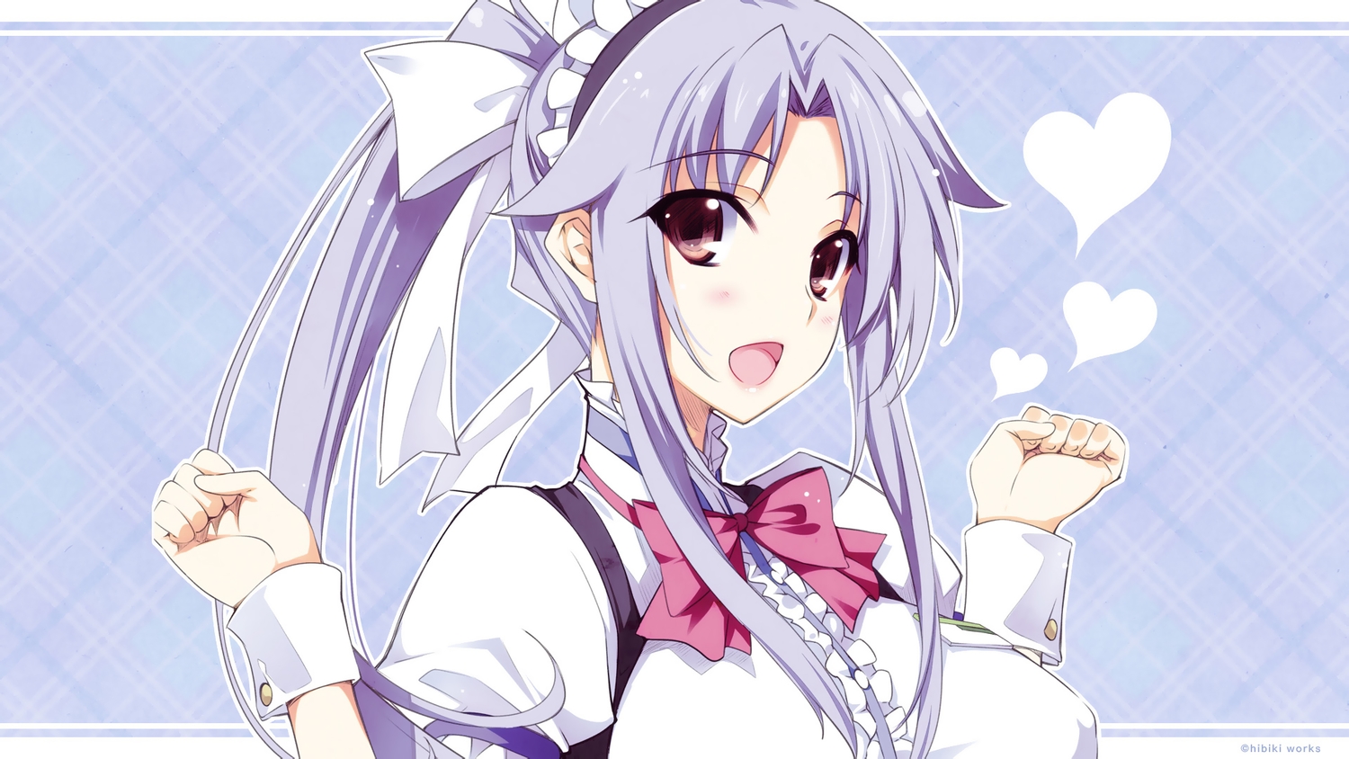 akatsuki-works, blush, bow, brown_eyes, headdress, iizuki_tasuku, long_hair, lovely_x_cation