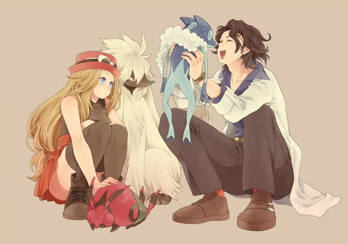 blonde_hair, blue_eyes, boots, brown_hair, froakie, hat, komasawa_(fmn-ppp), long_hair