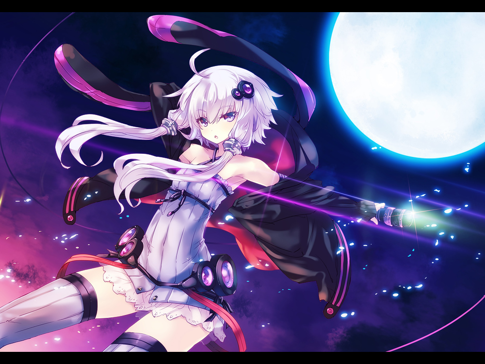 dress, hood, long_hair, moon, pink_eyes, pink_hair, thighhighs, tokiame, twintails, vocaloid, voiceroid, yuzuki_yukari