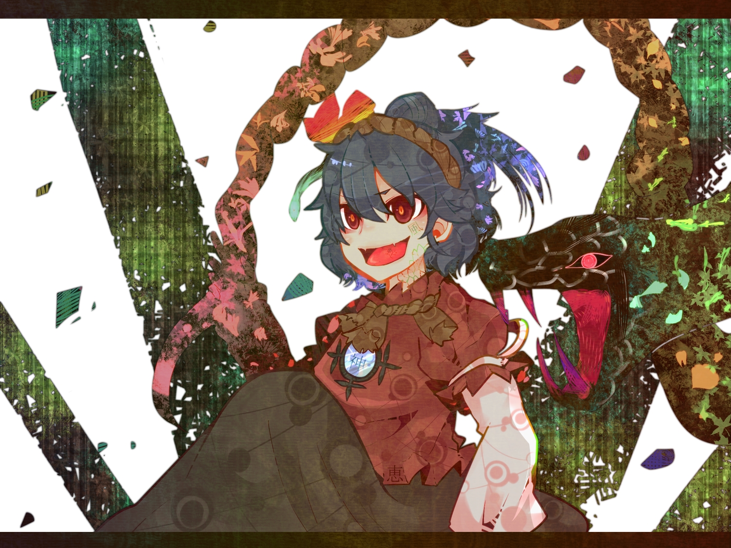 animal, black_hair, dress, fang, headband, itomugi-kun, red_eyes, short_hair