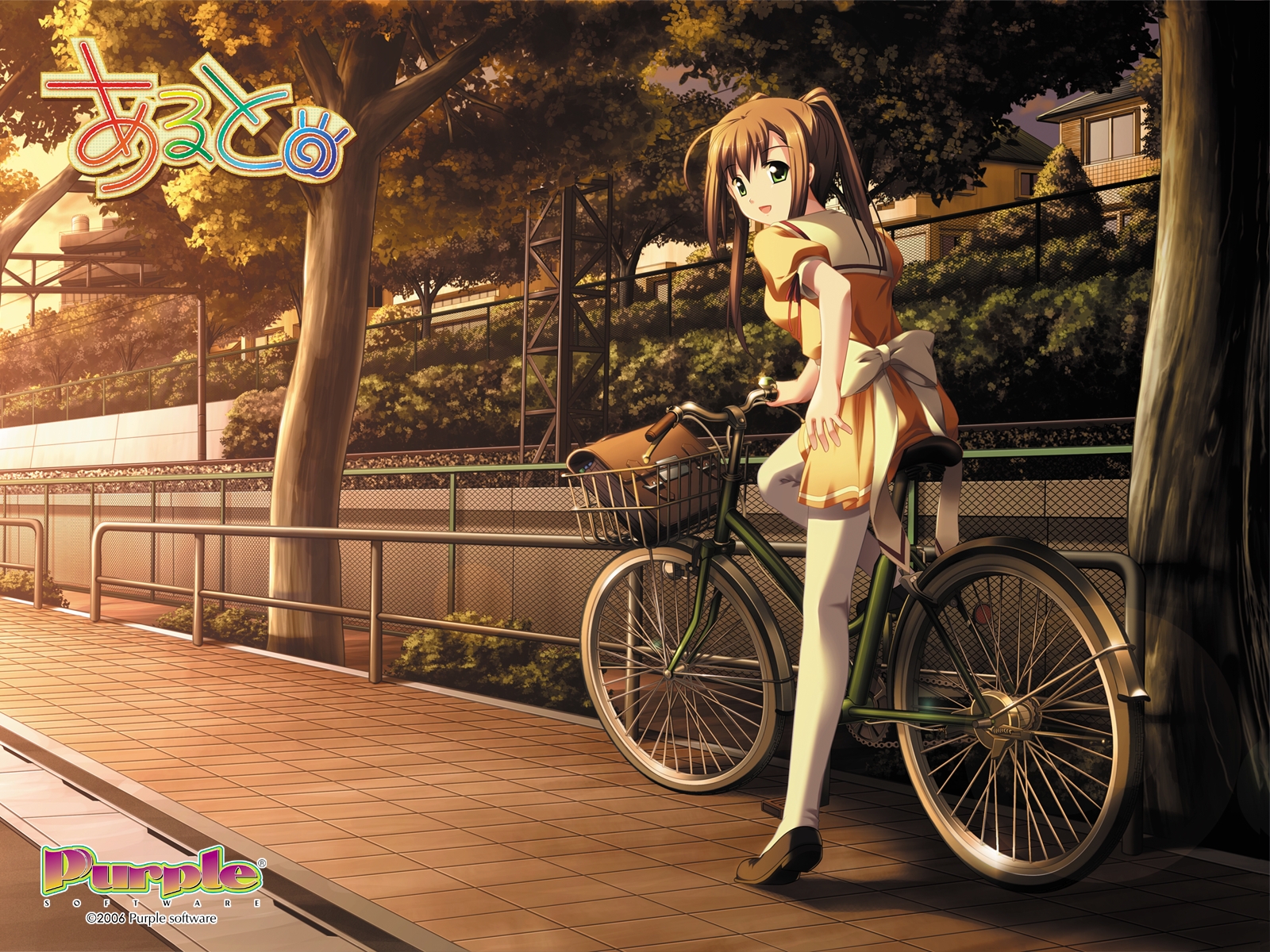 aruto, bicycle, brown_hair, iwasaki_kouji, pantyhose, purple_software, school_uniform, tachibana_megumi