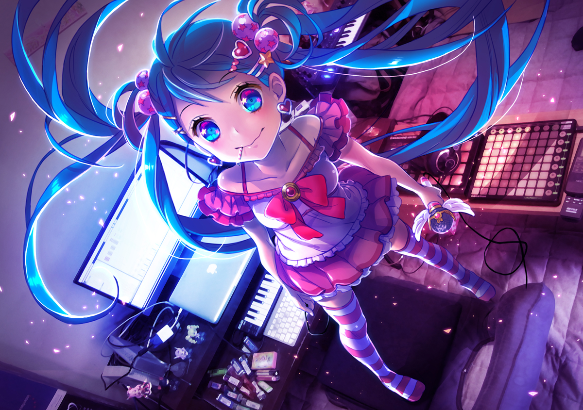 blue_eyes, blue_hair, computer, hatsune_miku, headphones, instrument, long_hair, microphone, skirt, thighhighs, twintails, vocaloid, yamori_(stom), zettai_ryouiki