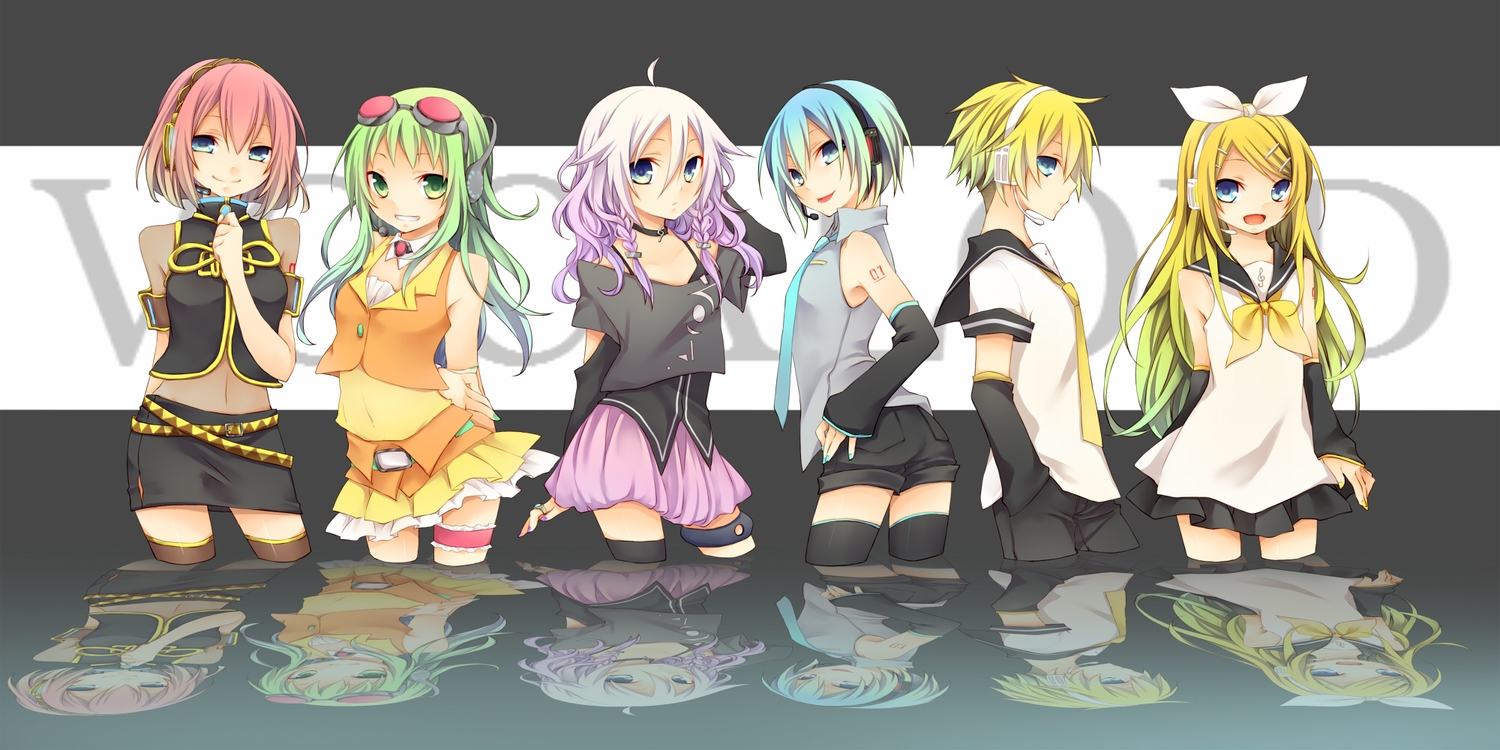 aqua_eyes, aqua_hair, blonde_hair, blue_eyes, green_eyes, green_hair, group, gumi