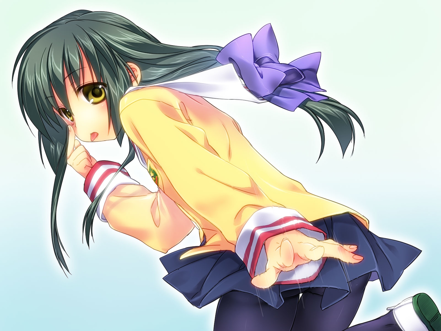 black_hair, bow, clannad, ibuki_fuuko, jpeg_artifacts, long_hair, pantyhose, satomi_yoshitaka