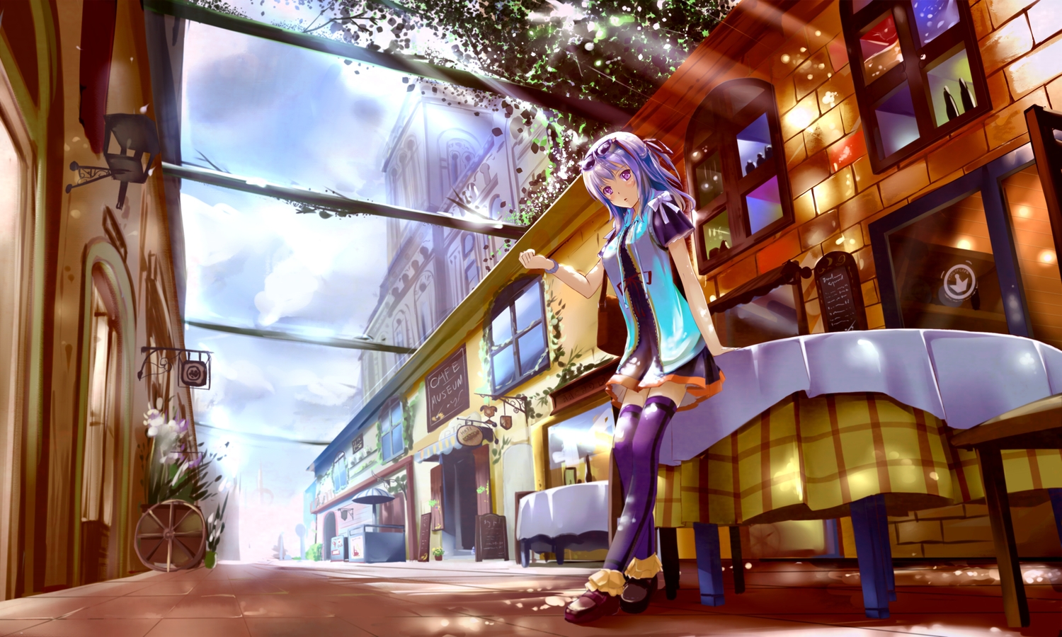 building, clouds, dress, kyaro_(kyaro54), original, purple_eyes, purple_hair, scenic