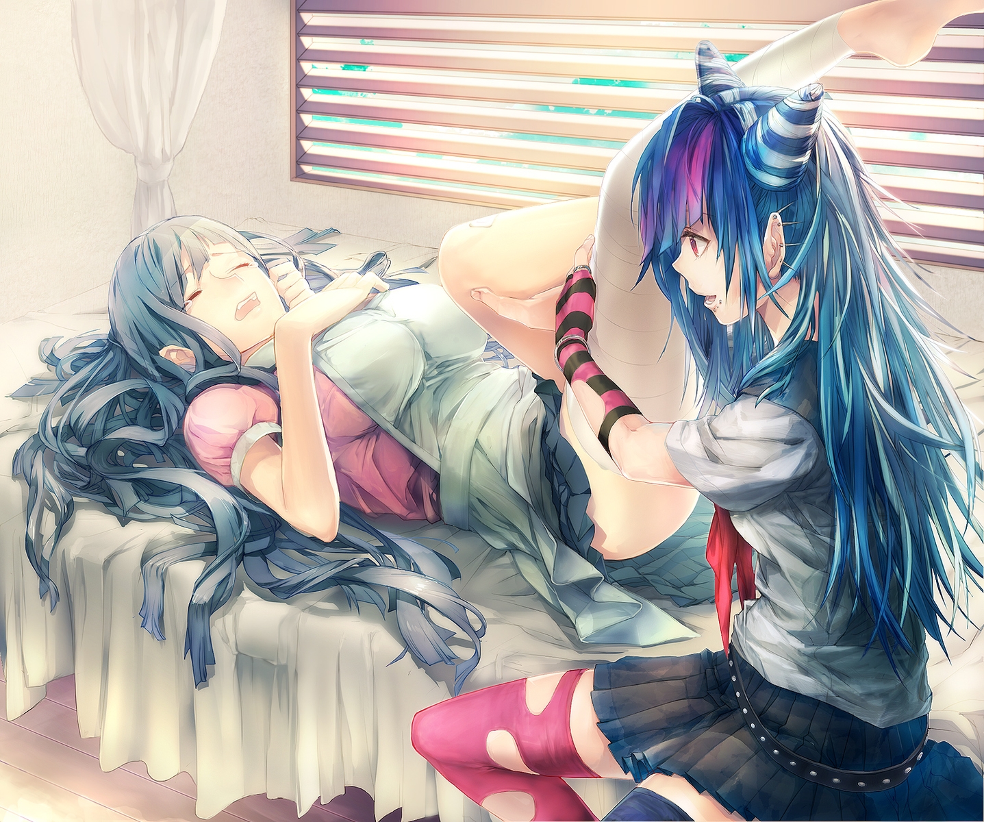 2girls, bandage, blue_hair, dangan-ronpa, dangan-ronpa_2, elbow_gloves, gloves, ichimura_(kiln), long_hair, mioda_ibuki, red_eyes, skirt, tears, thighhighs, torn_clothes, tsumiki_mikan