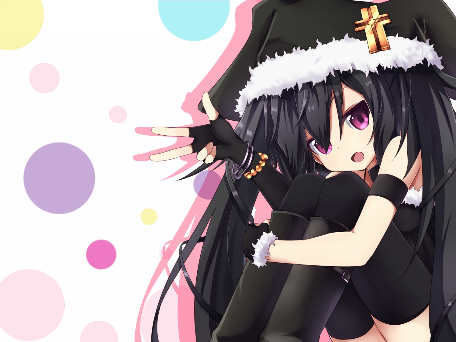 amano_kouki, black_hair, boots, choker, cross, gloves, hat, long_hair, original, pink_eyes, thighhighs