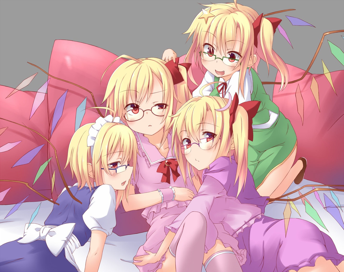 bed, blonde_hair, blush, dress, fang, flandre_scarlet, glasses, headdress