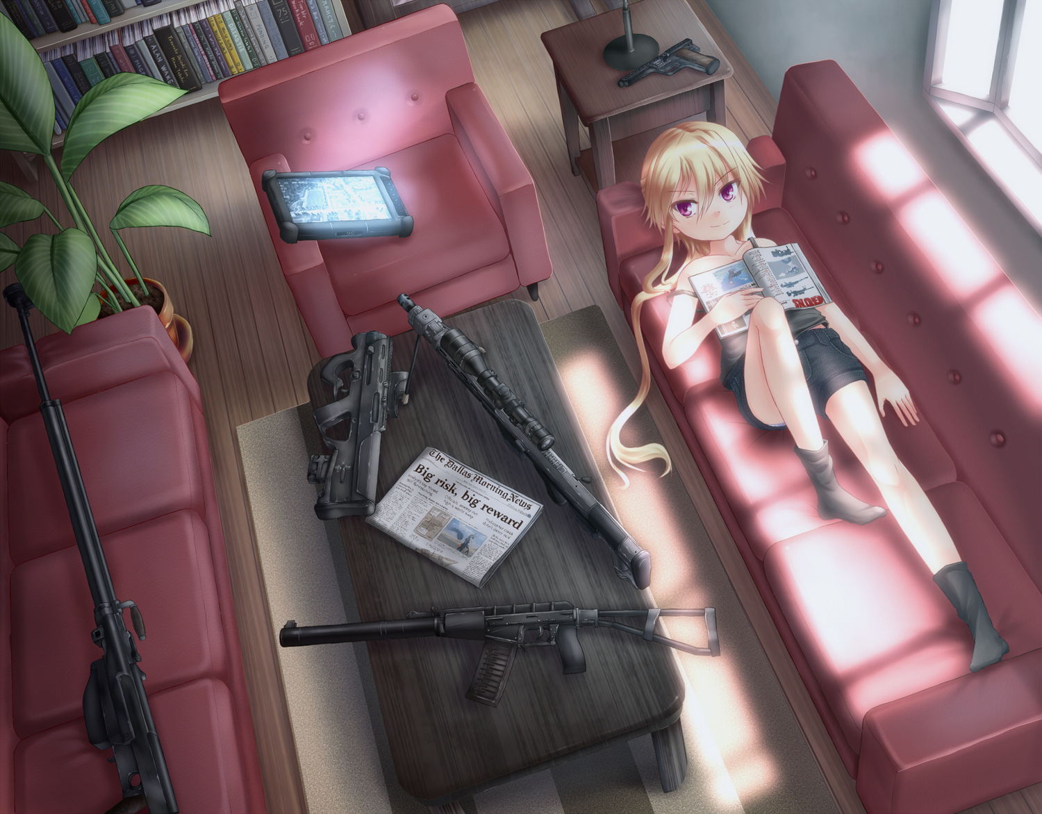 blonde_hair, book, dreadtie, gun, jessica_jefferson, long_hair, original, ponytail, red_eyes, shorts, socks, weapon