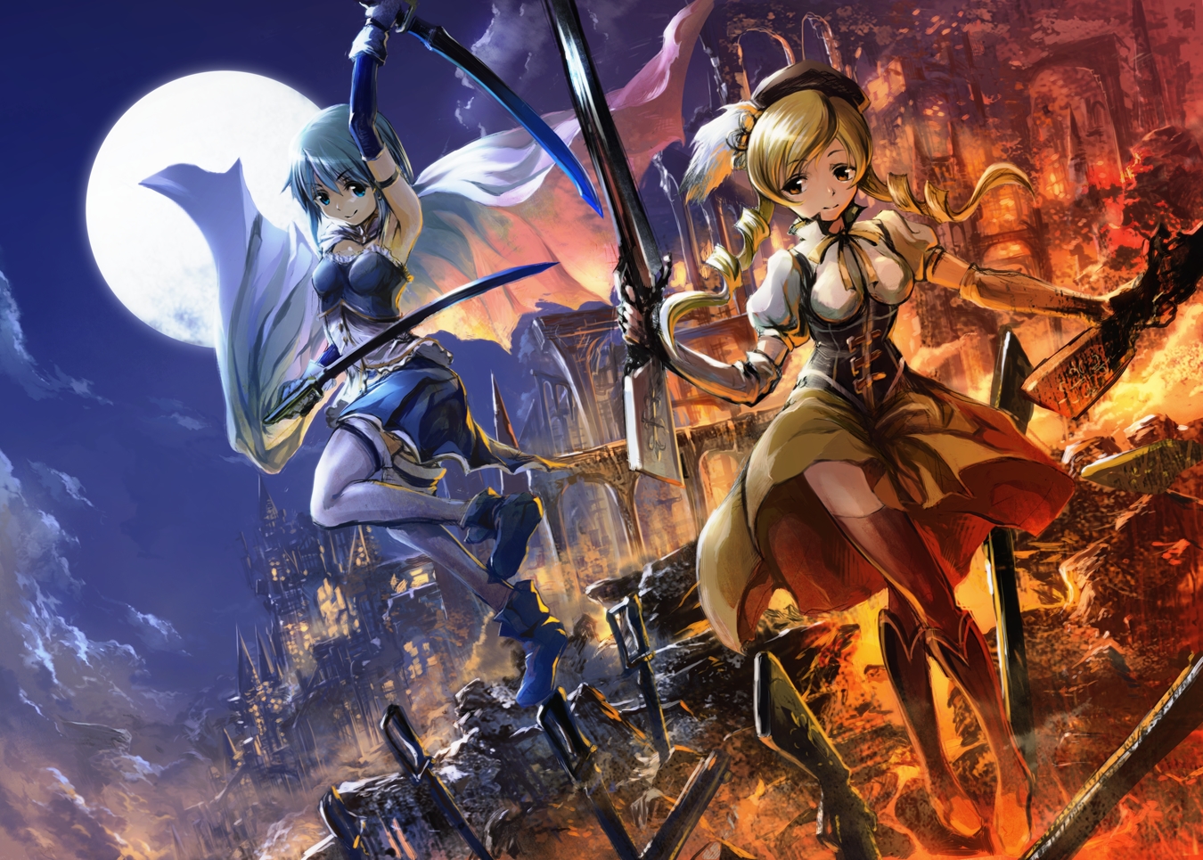 2girls, blonde_hair, blue_eyes, blue_hair, building, cape, dress, elbow_gloves, gloves, gun, hat, kopa, mahou_shoujo_madoka_magica, miki_sayaka, moon, sky, sword, thighhighs, tomoe_mami, weapon, yellow_eyes