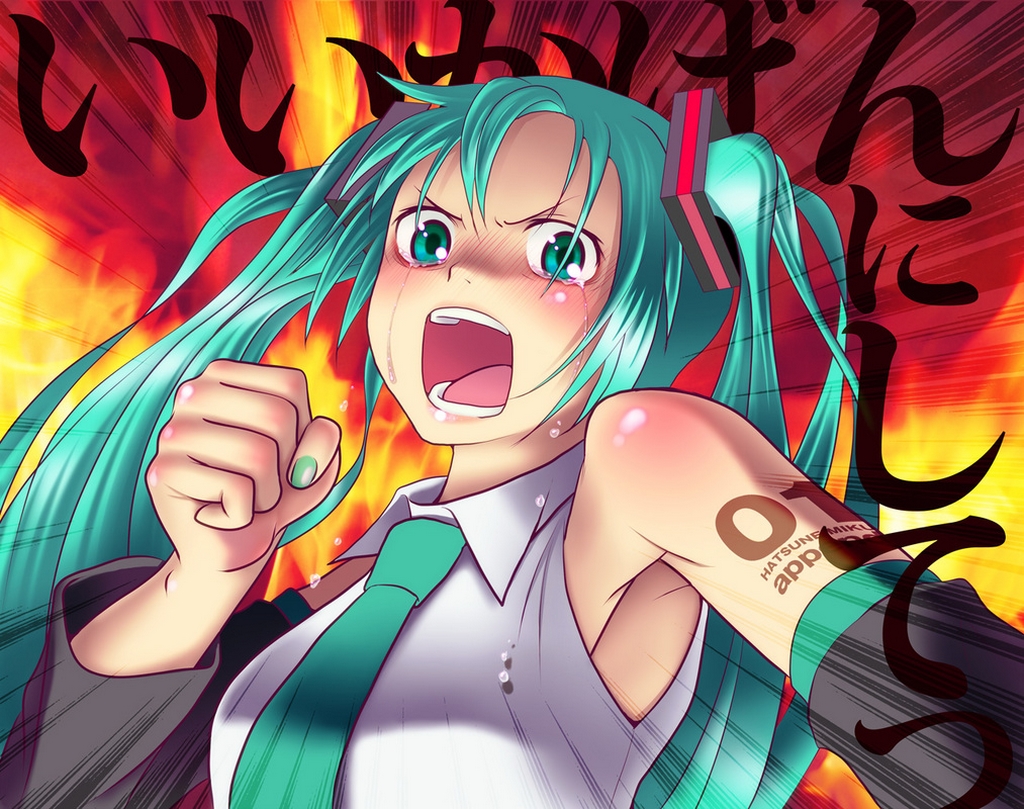 close, crying, fire, green_eyes, green_hair, hatsune_miku, long_hair, punch