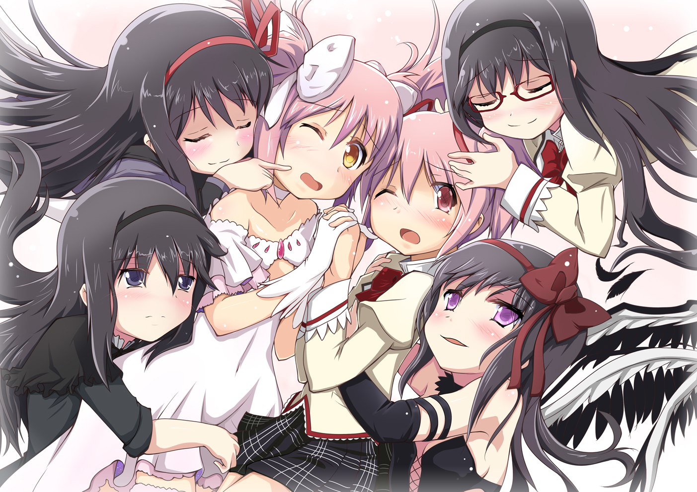 akemi_homura, akuma_homura, bentoss_detritus, black_hair, bow, glasses, gloves, headband