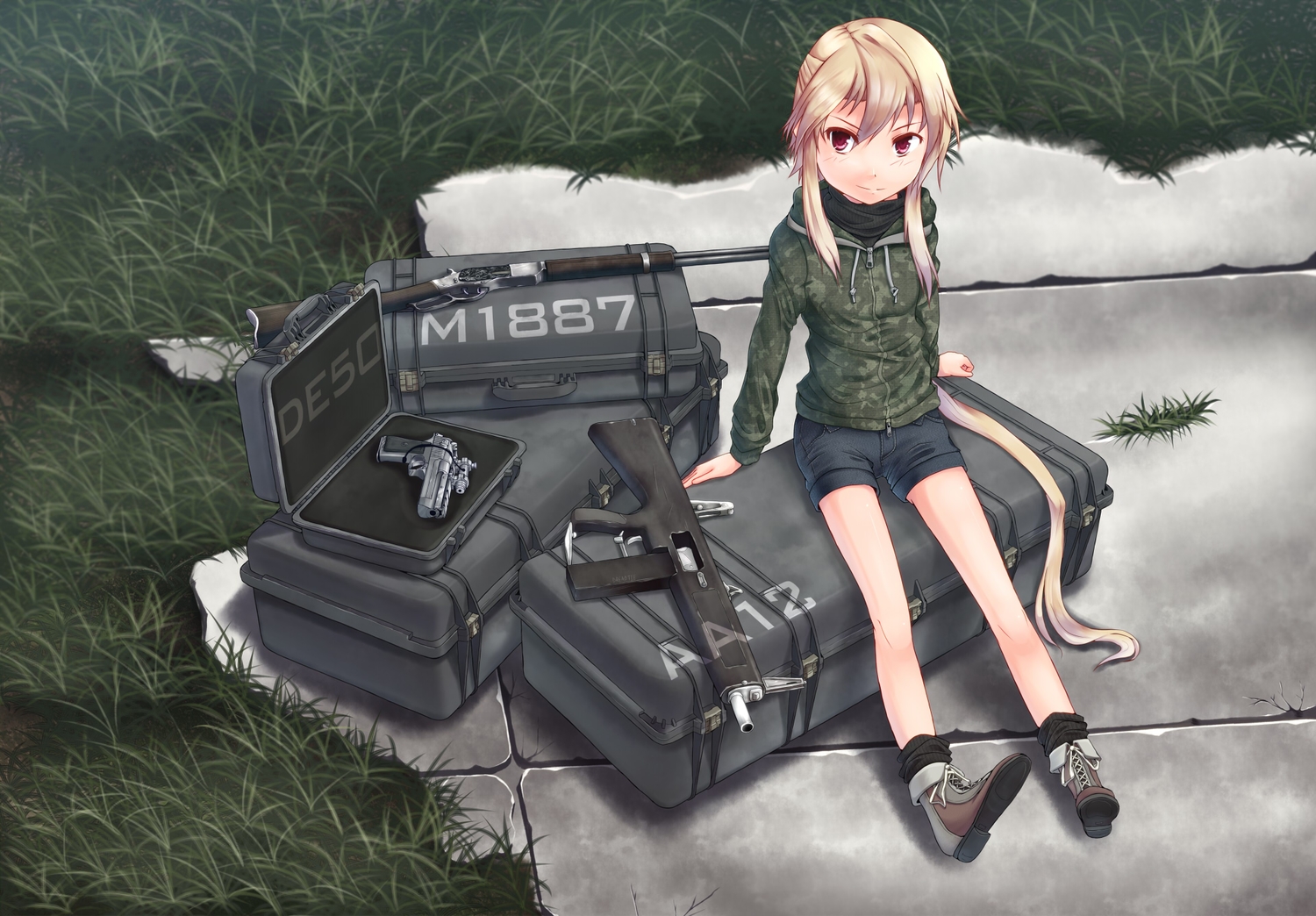 blonde_hair, boots, dreadtie, grass, gun, jessica_jefferson, original, red_eyes, shorts, weapon