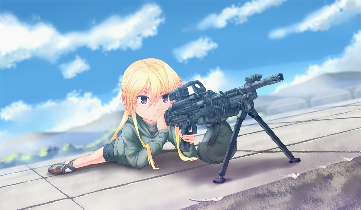 blonde_hair, clouds, dreadtie, gun, jessica_jefferson, original, purple_eyes, shorts