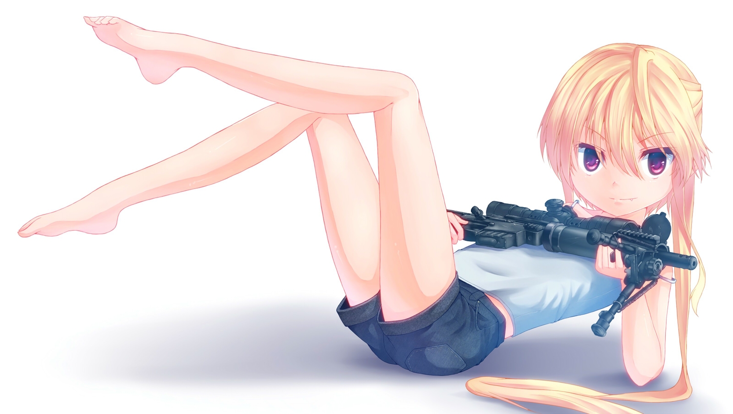 barefoot, blonde_hair, dreadtie, gun, jessica_jefferson, long_hair, original, purple_eyes