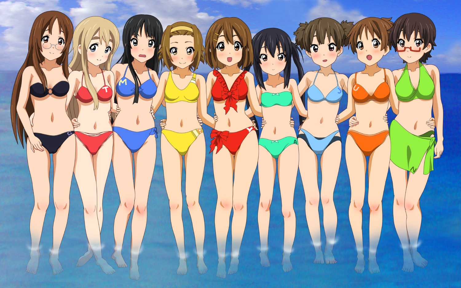 akiyama_mio, bikini, black_hair, blonde_hair, blush, brown_eyes, brown_hair, glasses