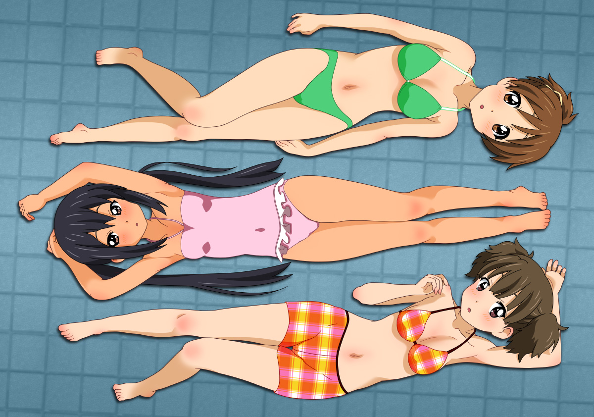 barefoot, black_hair, blush, brown_hair, hirasawa_ui, k-on!, nakano_azusa, navel