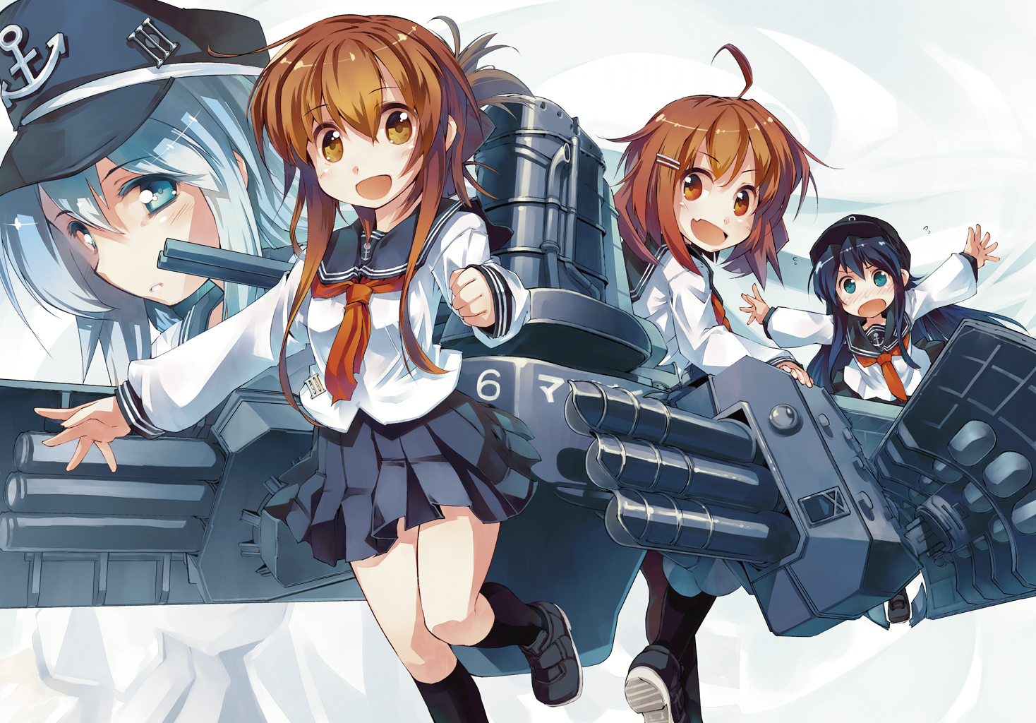 akatsuki_(kancolle), anthropomorphism, black_hair, blue_eyes, blue_hair, blush, brown_eyes, brown_hair