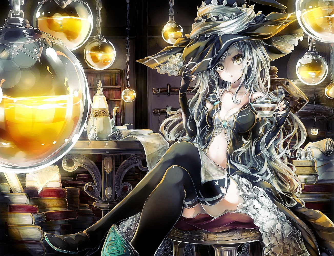 book, boots, dress, gloves, gray_hair, hat, long_hair, original, witch, witch_hat, yellow_eyes, yokiri