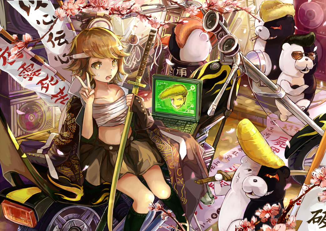 animal, blonde_hair, computer, dangan-ronpa, d.b.spark, fujisaki_chihiro, goggles, katana, monokuma, navel, sarashi, short_hair, smoking, socks, sword, underwear, weapon, yellow_eyes