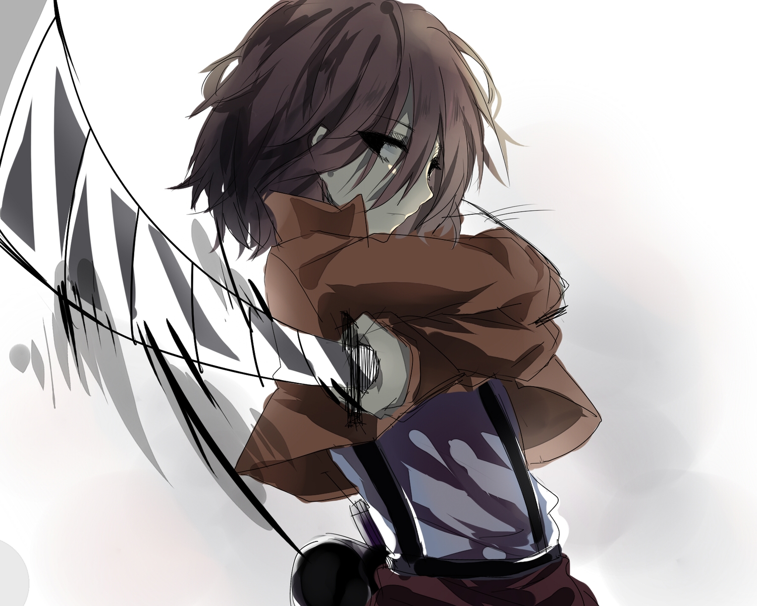 black_eyes, brown_hair, close, mikasa_ackerman, shingeki_no_kyojin, short_hair, sword, uniform, weapon, white, zgxuke