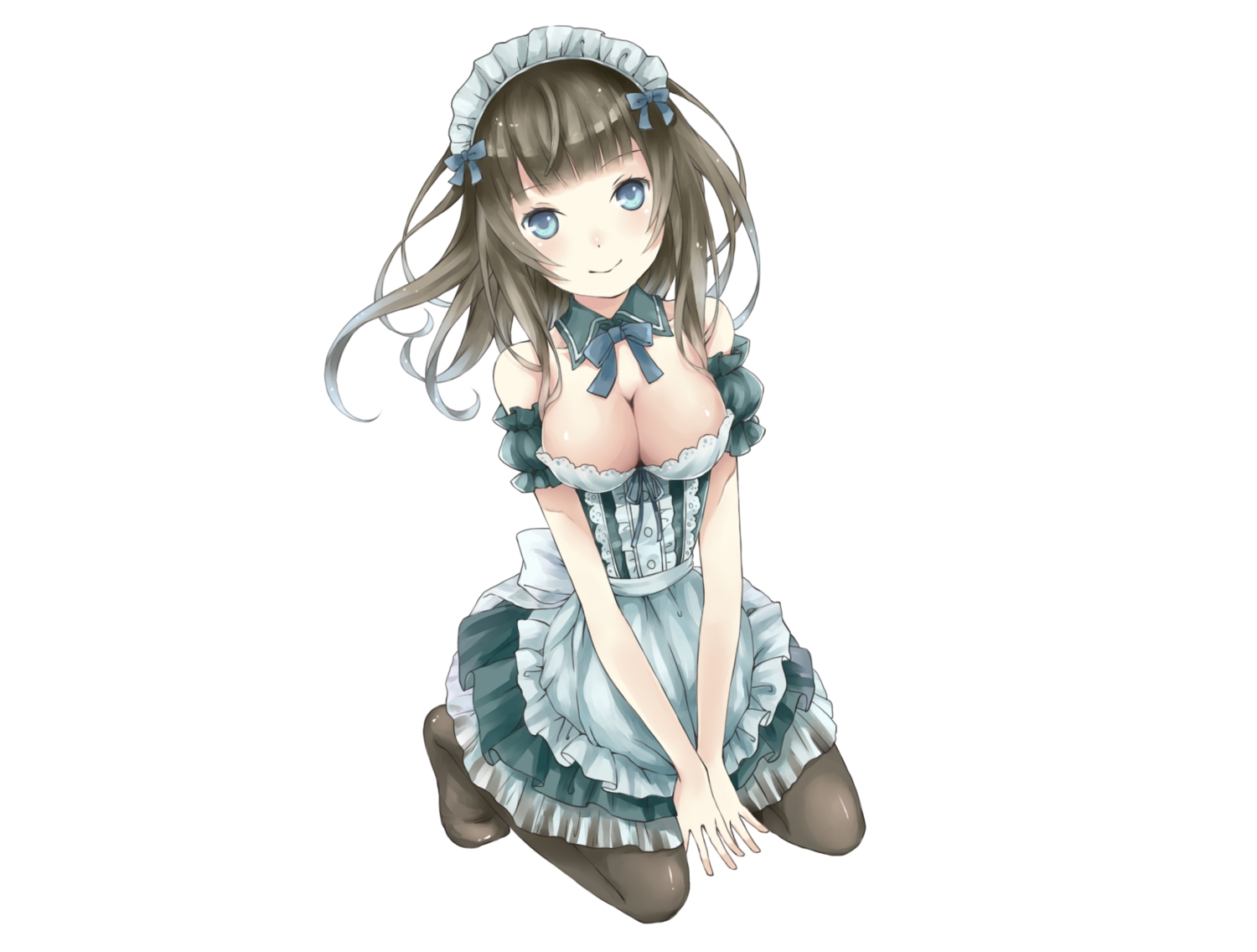 aquarium_tama, blue_eyes, breasts, brown_hair, cleavage, headband, maid, original, ribbons, short_hair, thighhighs, white