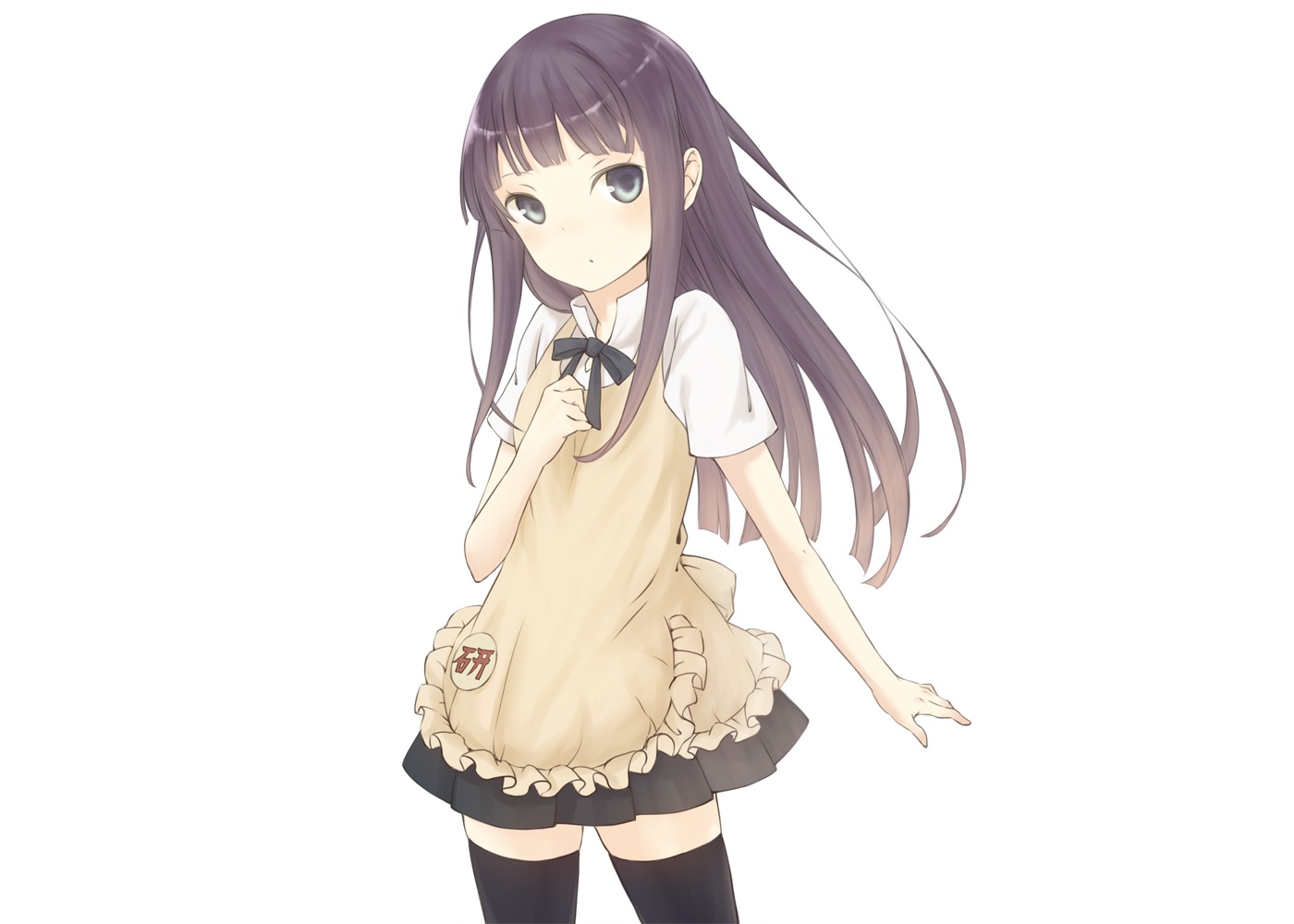 apron, aquarium_tama, black_eyes, purple_hair, ribbons, thighhighs, uniform, white
