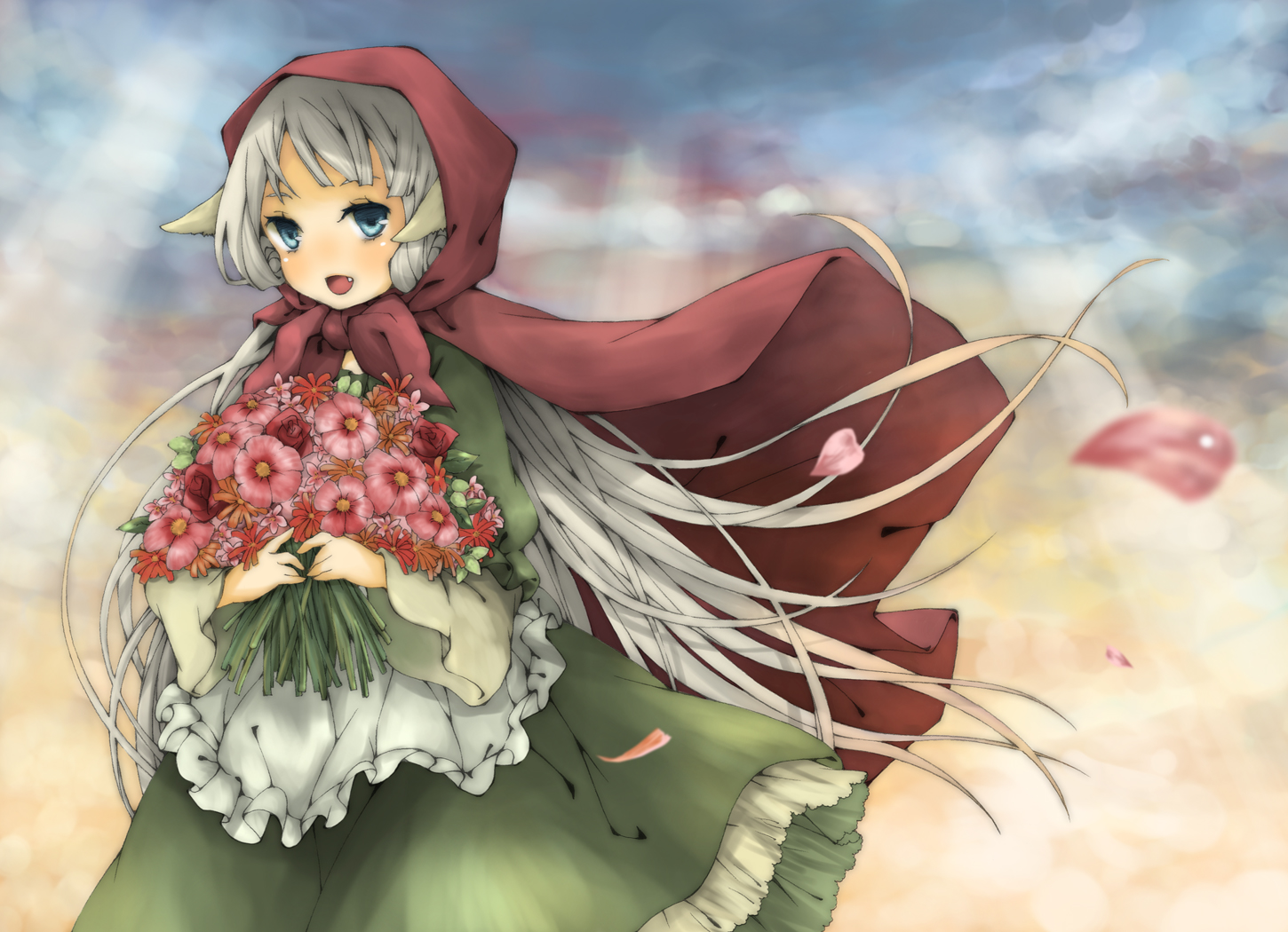 animal_ears, aquarium_tama, blue_eyes, cape, fang, flowers, gray_hair, long_hair