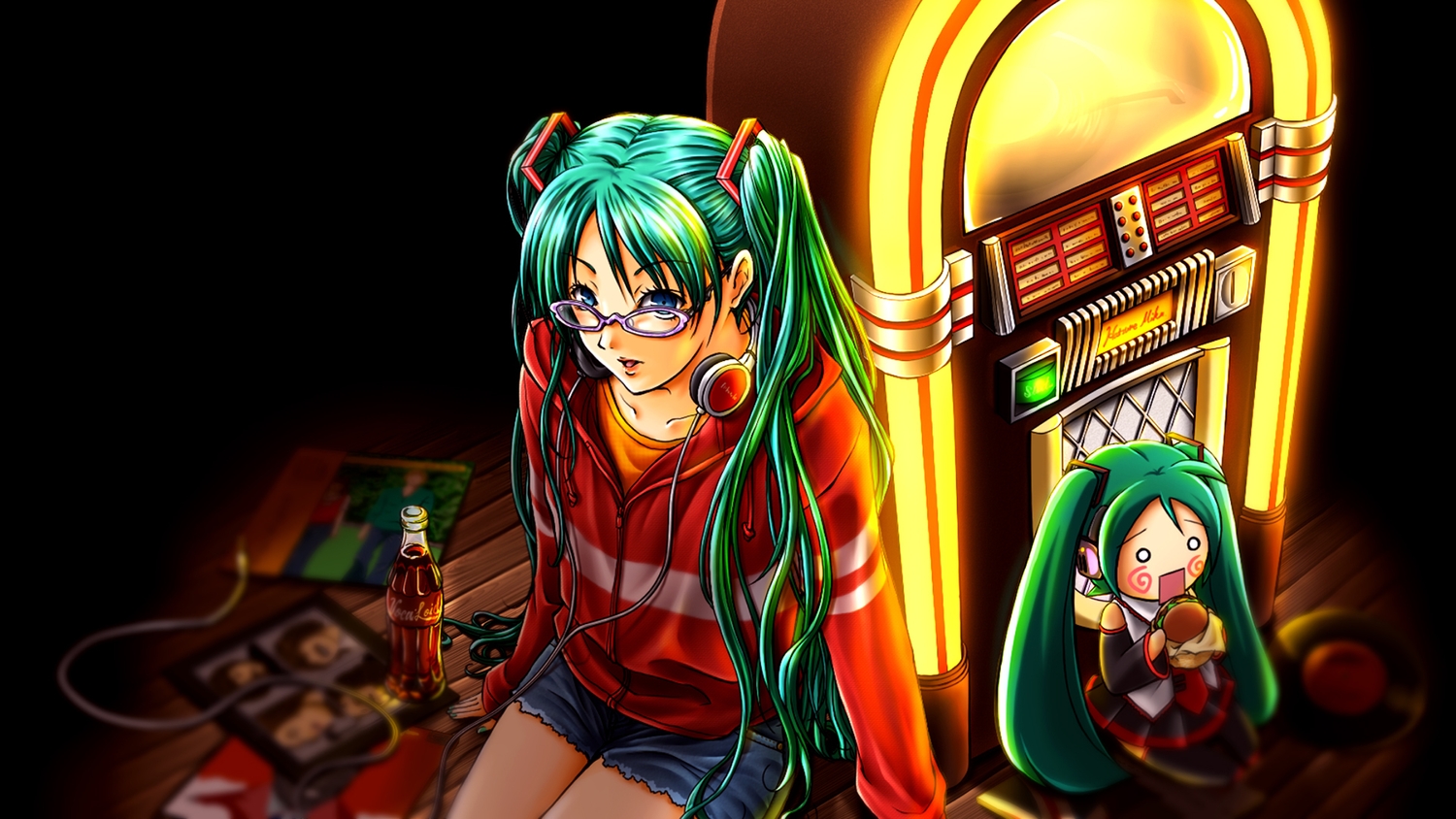 blue_eyes, doll, drink, food, glasses, green_hair, hatsune_miku, headphones, kagura_suzuki, long_hair, shorts, twintails, vocaloid
