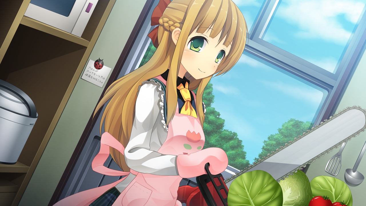 apron, brown_hair, chainsaw, food, game_cg, green_eyes, natsuiro_asagao_residence, toono_hinako