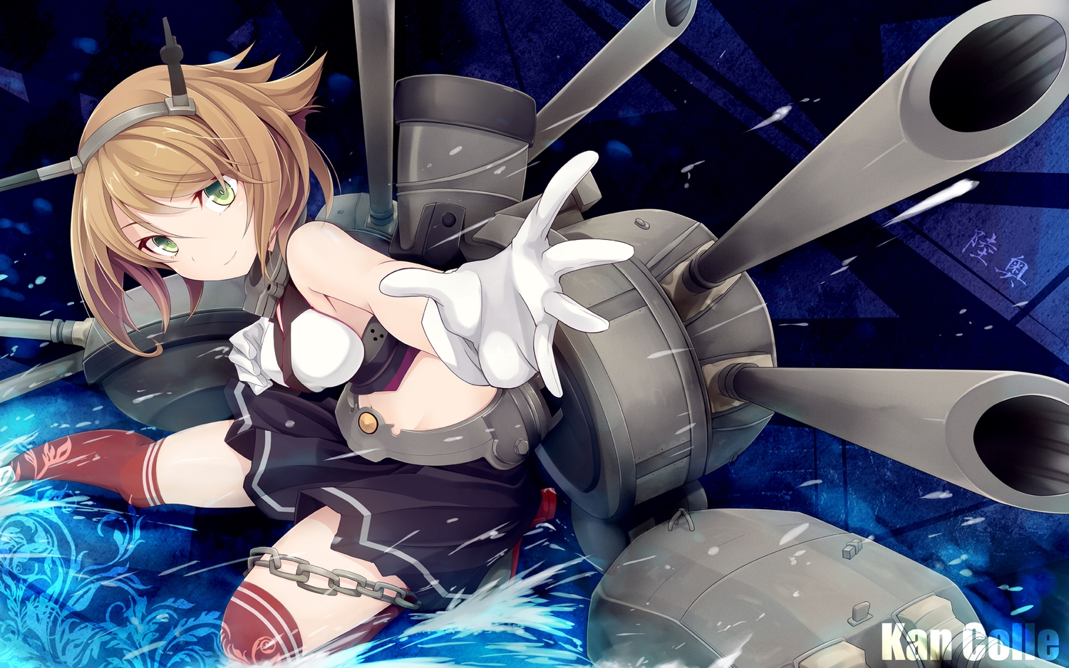 anthropomorphism, brown_hair, gloves, green_eyes, headband, kantai_collection, mutsu_(kancolle), ogami_kazuki
