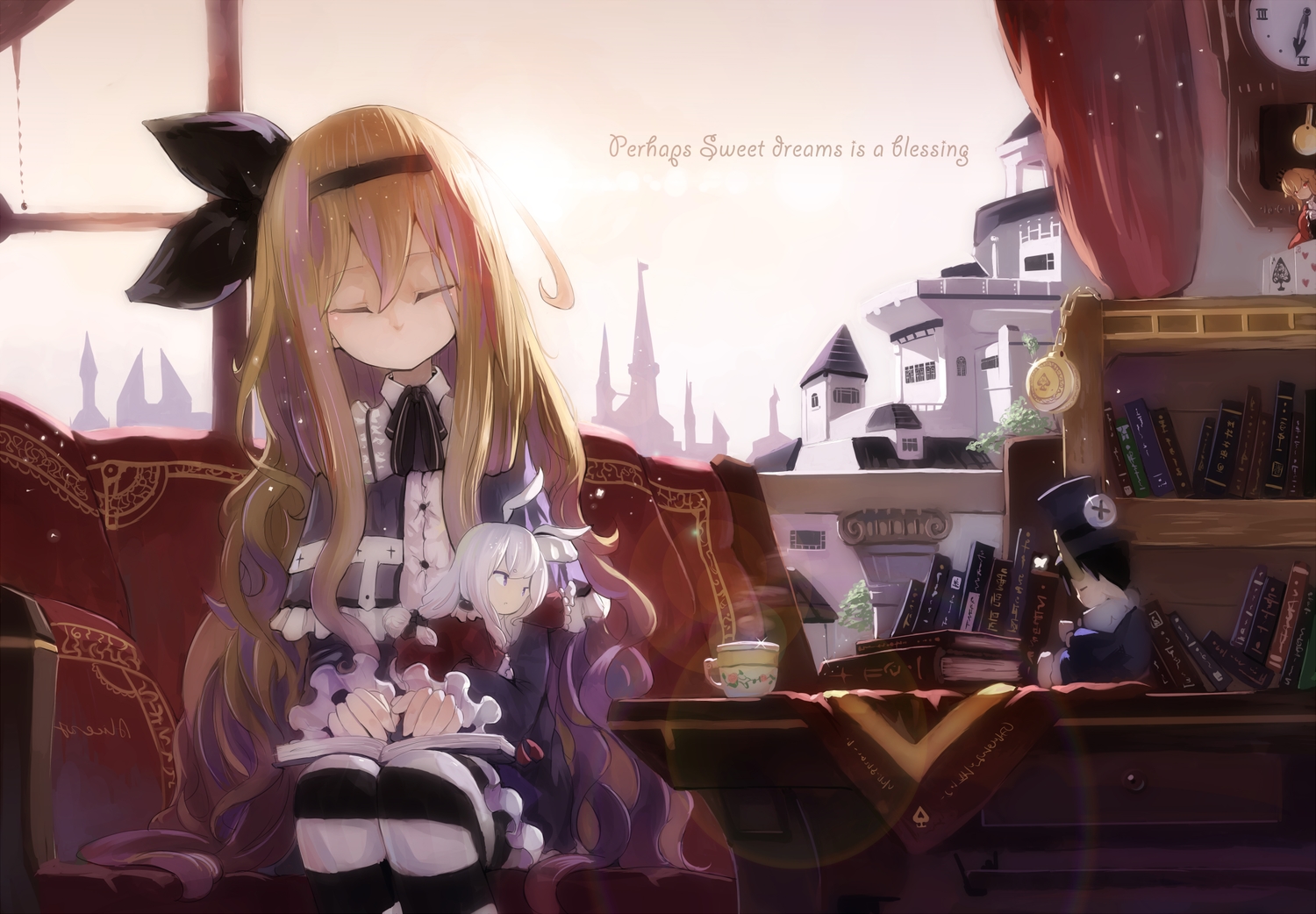 blonde_hair, book, bow, doll, headband, long_hair, original, sleeping