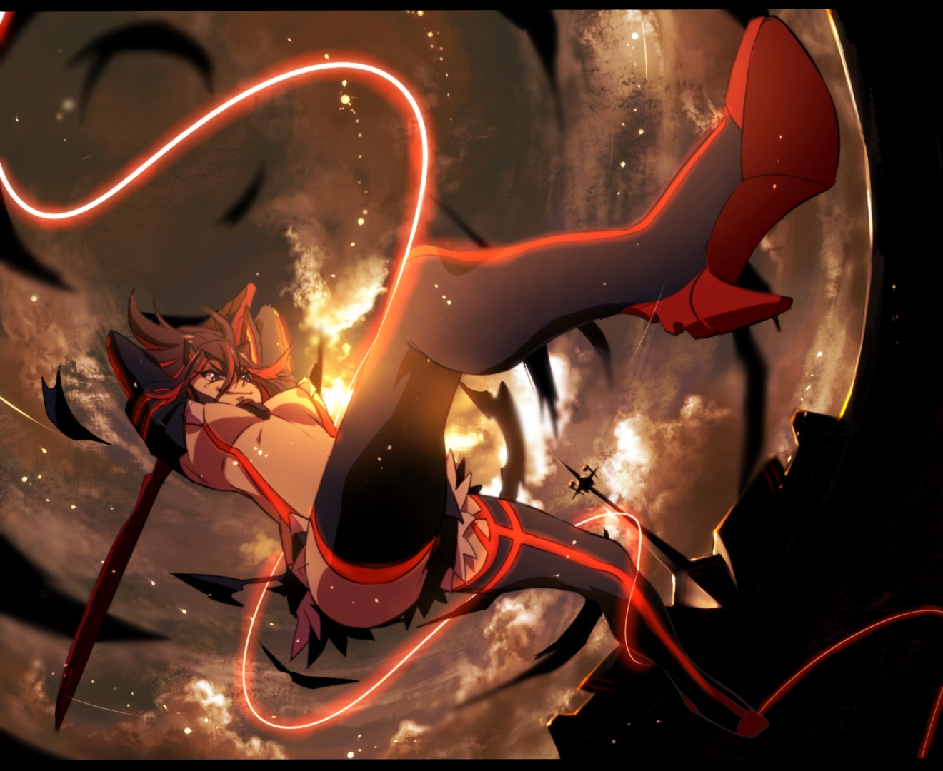 breasts, kill_la_kill, matoi_ryuuko, skirt, sword, thighhighs, underboob, weapon, yonekura_naoyasu