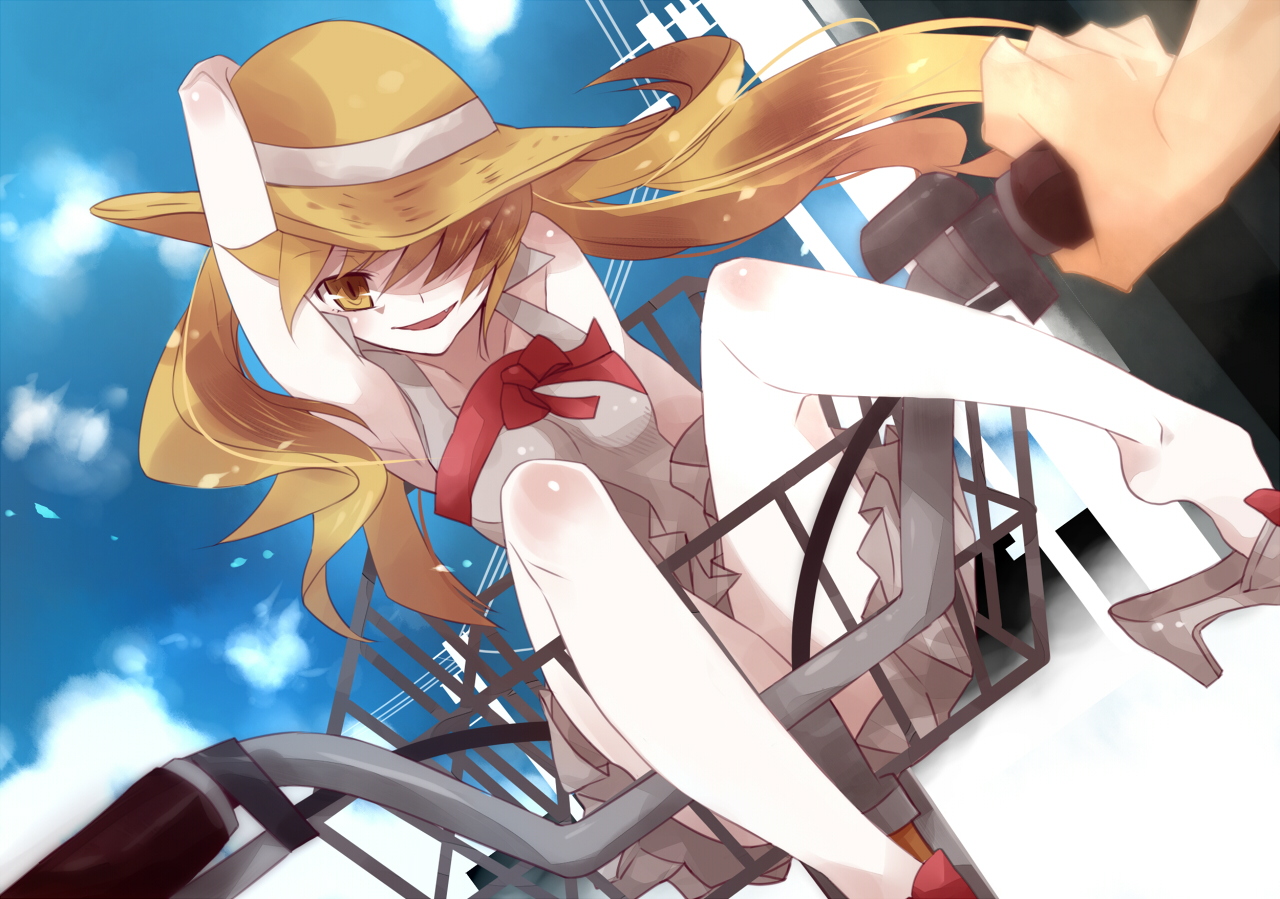 bakemonogatari, blonde_hair, dress, fang, hat, long_hair, monogatari_(series), oluha, oshino_shinobu, sky, vampire, yellow_eyes