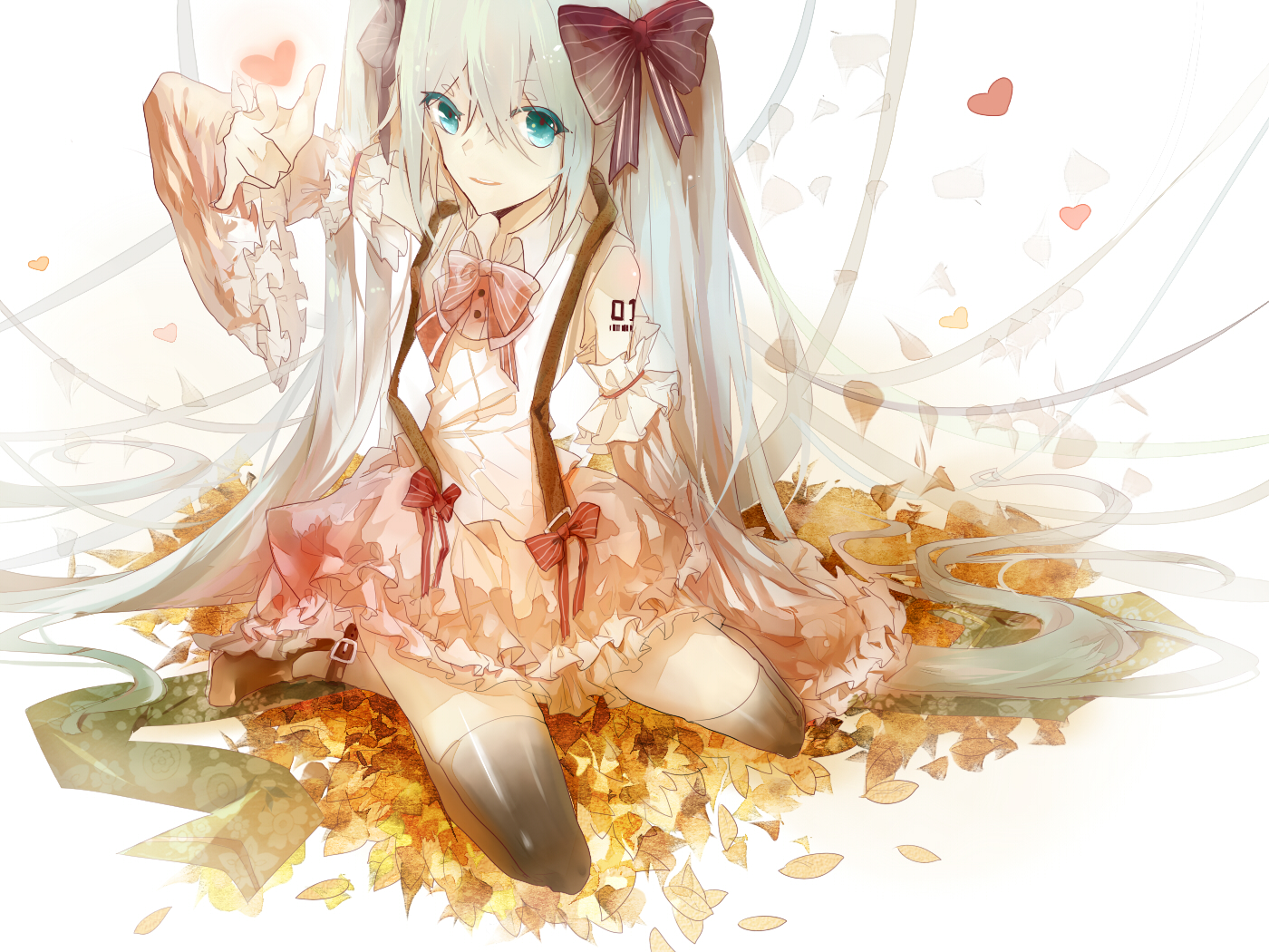autumn, blue_hair, dress, green_eyes, hatsune_miku, leaves, long_hair, ribbons, thighhighs, twintails, ty-papapa, vocaloid