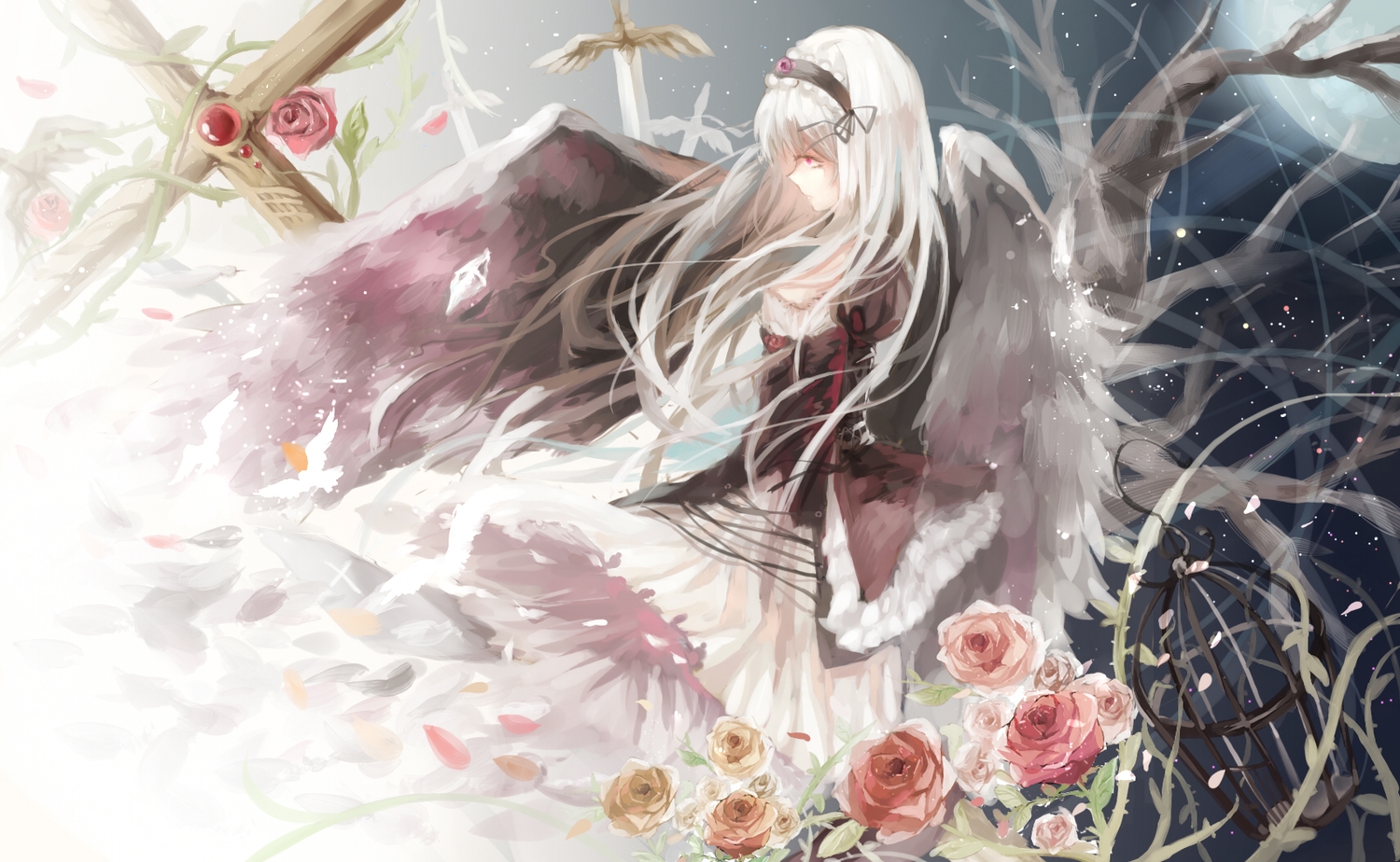 cage, flowers, gray_hair, headband, long_hair, petals, red_eyes, rose, rozen_maiden, suigintou, sword, ty-papapa, weapon, wings