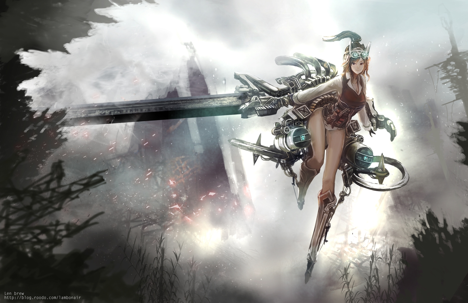 goggles, gun, kneehighs, len_brew, original, ponytail, watermark, weapon