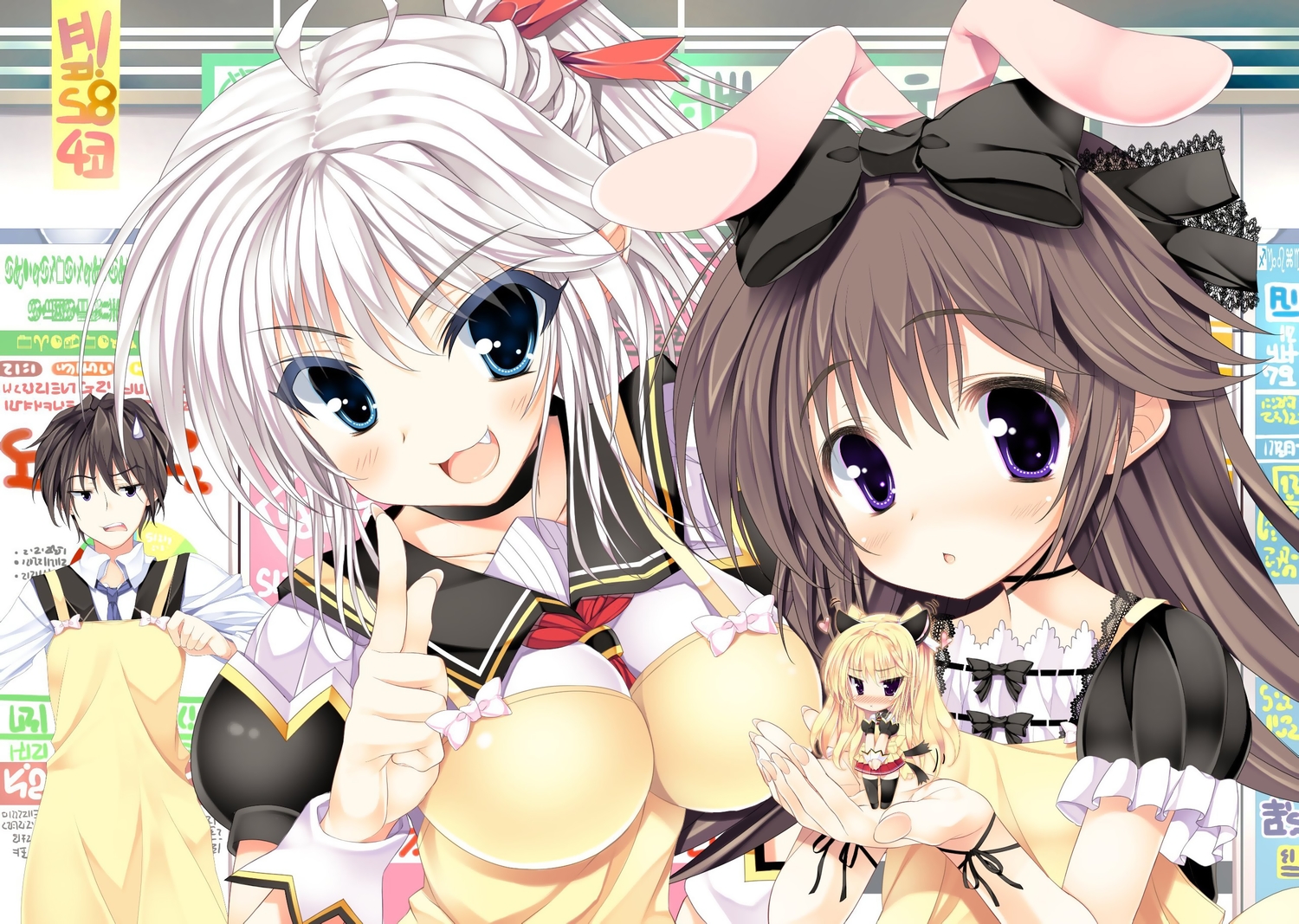 airi_ortinet, animal_ears, blush, bunny_ears, bunnygirl, chibi, elza_crucial, fang, goth-loli, inuzumi_masaki, jpeg_artifacts, lolita_fashion, male, phino_bloodstone, raul_chaser, school_uniform, yuusha_ni_narenakatta_ore_wa_shibushibu_shuushoku_o_ketsui_shimashita.