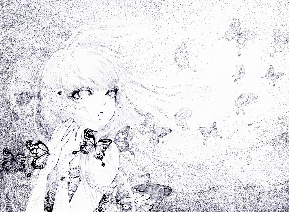 butterfly, charmal, flowers, monochrome, original, white_hair