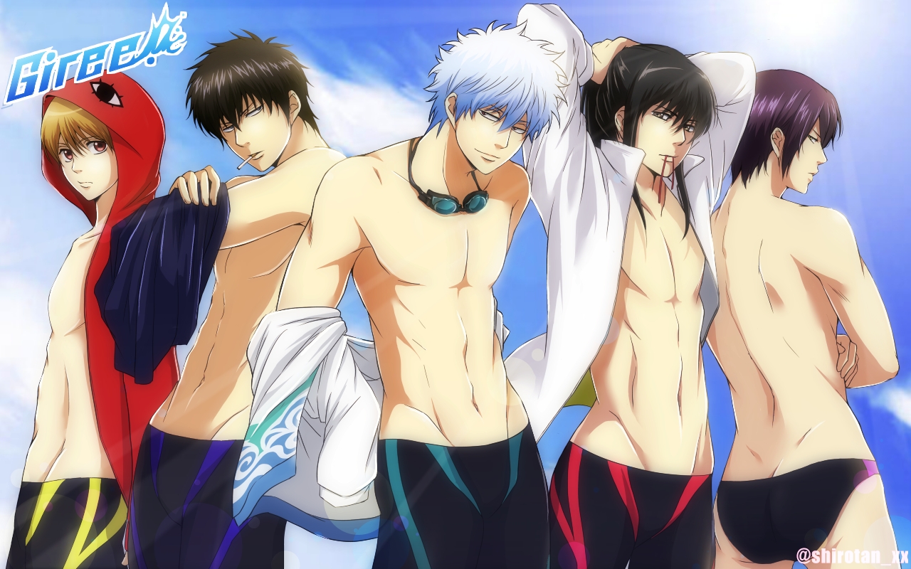 all_male, crossover, free!, gintama, goggles, hijikata_toushirou, katsura_kotarou, male, okita_sougo, parody, sakata_gintoki, shiroyasha, sky, swimsuit, takasugi_shinsuke, topless