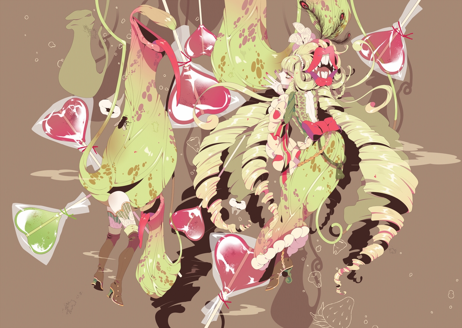 candy, green_eyes, green_hair, heart, leaves, lollipop, original, shikimi_(yurakuru)
